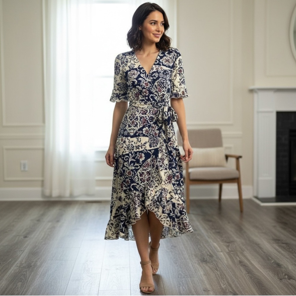 Navy and Cream Floral High Low Dress